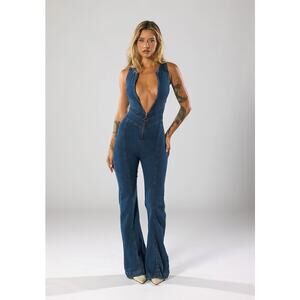 Revice Jumpsuit Womens Extra Small Hollywood Heartthrob Flare Denim Blue Retro